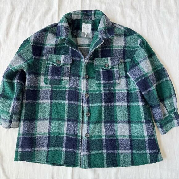 Avec Les Filles Womens Sweatshirt Jacket Coat Plaid Green Navy Button Casual XXL - Picture 1 of 3